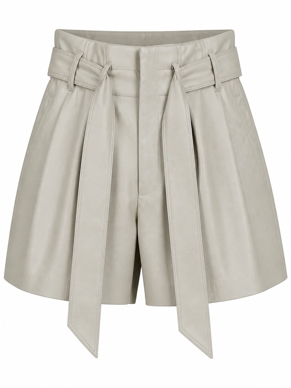 Zara High-Waist Tie-Belt Leather Shorts in Beige